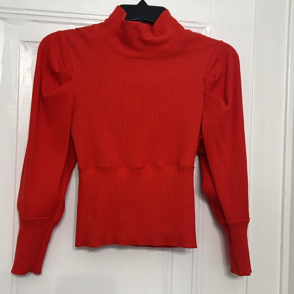 Free People - Red Mock Neck Puff Shoulder Top.